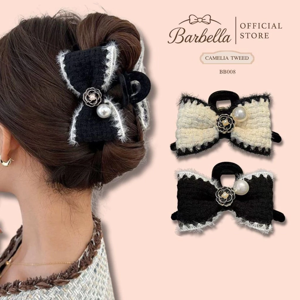 Barbella กิ๊บติดผมโบว์ผ้าทวีต กิ๊บหนีบผมแต่งมุกและดอกไม้หรู รุ่น Camelia Tweed (BB008)