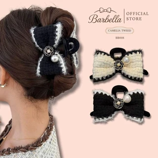 Barbella กิ๊บติดผมโบว์ผ้าทวีต กิ๊บหนีบผมแต่งมุกและดอกไม้หรู รุ่น Camelia Tweed (BB008)