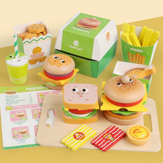 BHQ ของเล่นเด็กในครัว ของเล่นไม้ เบอร์เกอร์ แซนวิช มินิครัวอาหารปลอมของเล่น