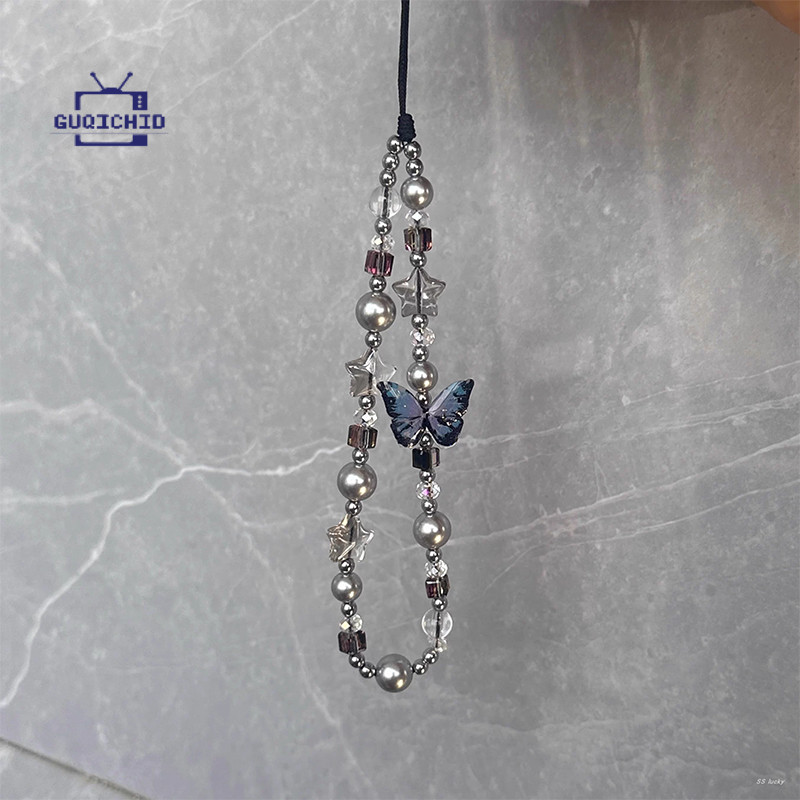 สายคล้องโทรศัพท์มือถือ  น่ารัก เชือกแขวนโทรศัพท์ Anti-Lost สายคล้องโทรศัพท์รูปผีเสื้อ DIY จี้ห้อยโทรศัพท์ลูกปัด