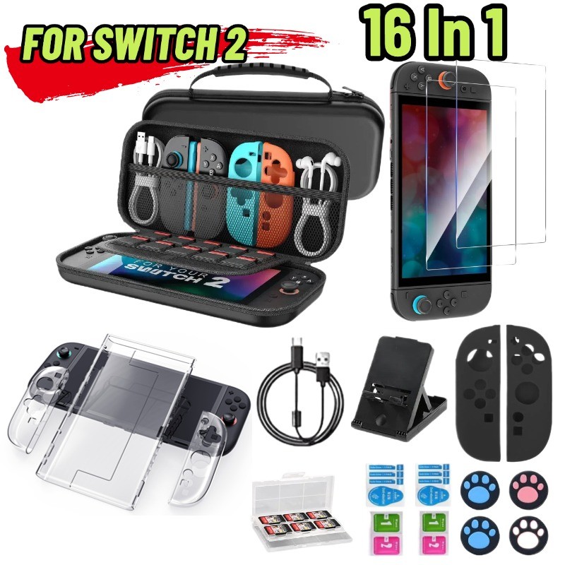 16-in-1 Nintendo Switch 2 ชุดป้องกันเต็มรูปแบบ Include Storage Bag เคสกระจกนิรภัยตลับเกมกล่องป้องกัน Rocker Cap จัดส่งภายในประเทศ ของขวญัปีใหมใ่ห้เพอื่นรว่มงาน ของขวญั ปีใหม