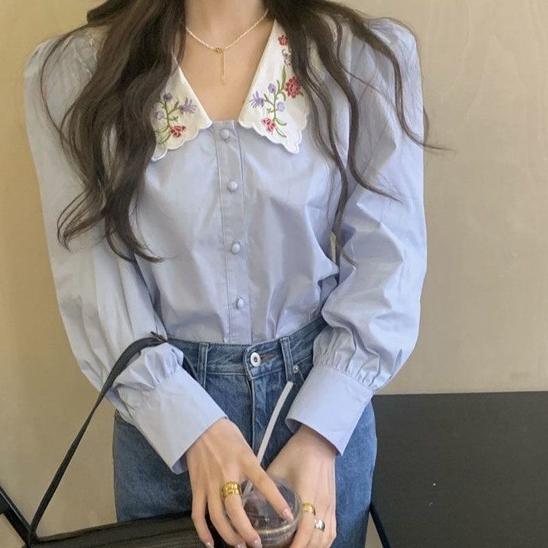 ohho ปกตุ๊กตาสีฟ้าเรียบง่ายขนาดใหญ่สไตล์ฝรั่งเศสพร้อมเสื้อทำงานแขนยาวแบบมืออาชีพสุดชิคปักดอกไม้ #99115