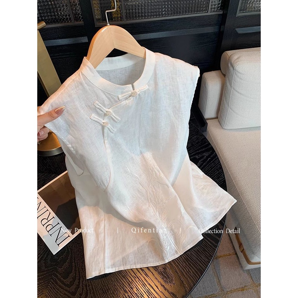 ใหม่สไตล์จีนผ้าลินินปักสายรัดเสื้อกั๊กผู้หญิงฤดูร้อนสไตล์ใหม่ ทั้งหมด-จับคู่ ลําลองแขนกุด สูงสุด