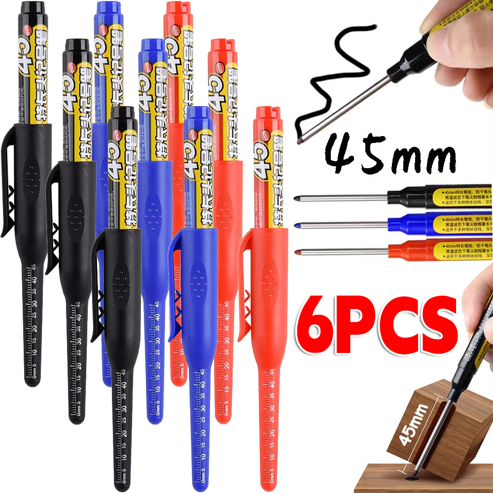 ปากกามาร์กเกอร์หลุมลึก 45 มม. 1-6 ชิ้นพร้อมปลายยาวพิเศษ | เครื่องมือทําเครื่องหมายรูลึกสําหรับงานหนักสําหรับยานยนต์/งานโลหะ | ปากกาช่างไม้หัวยาวกันน้ํา