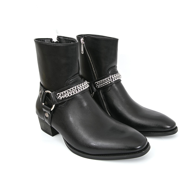Stylish และทนทานรองเท้าบูทหุ้มข้อหนังสีดําสําหรับผู้ชายพร้อมโซ่ - Embellished Strap & Buckle Detail zip