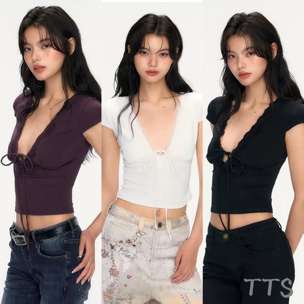 TTS 🔥 เสื้อแขนสั้นคอวีเย็บลูกไม้เซ็กซี่สำหรับฤดูใบไม้ผลิและฤดูร้อนใหม่