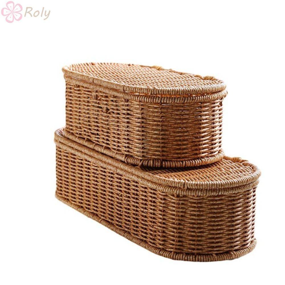 ROLY ตะกร้าเก็บหวายเลียนแบบ, กล่องเก็บของทอโบฮีเมียนแฮนด์เมด, กันฝุ่นพร้อมฝาปิด Cable Organizer Desktop