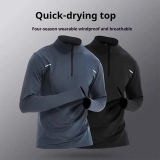 เสื้อกีฬาแห้งเร็วแขนยาวครึ่งซิป unisex สำหรับกิจกรรมออกกำลังกายต่าง ๆ เช่น การขี่จักรยานและการวิ่ง สีเทาและสีดำ