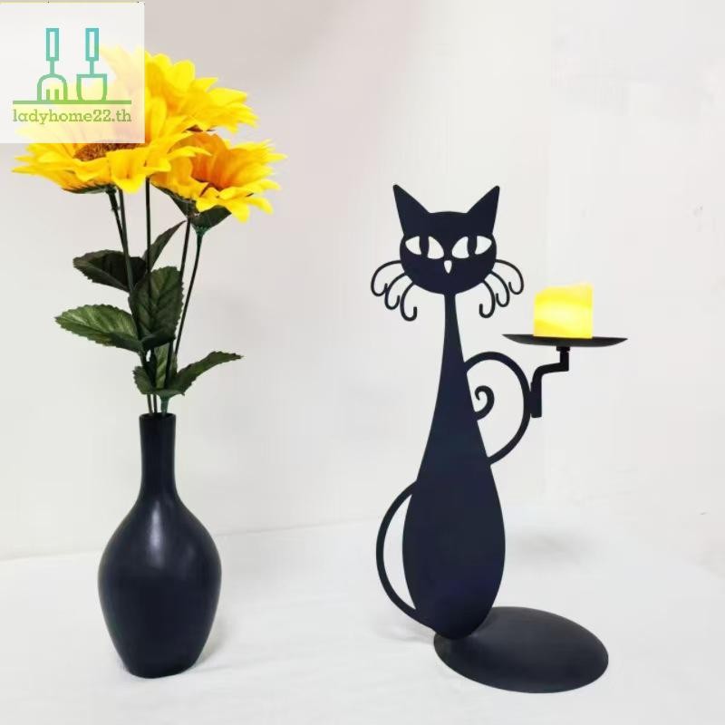 DOOULADY สีดําแมวเชิงเทียนสําหรับเสาเทียน Led เทียน Flameless Retro Rustic Farmhouse บ้านโลหะ Cat De