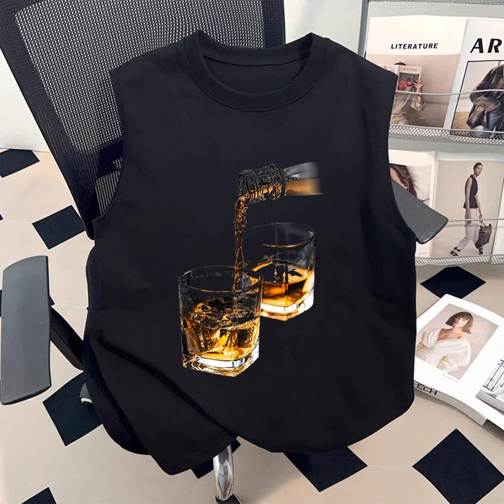 Y-T เสื้อยืดชาย เสื้อกล้าม แขนกุด สวมใส่สบาย ผ้าฝ้าย100% คุณภาพสูง ลาย “Pour the wine” ไม่ต้องรีดผ้า สไตล์ลำลอง – โปรปัง