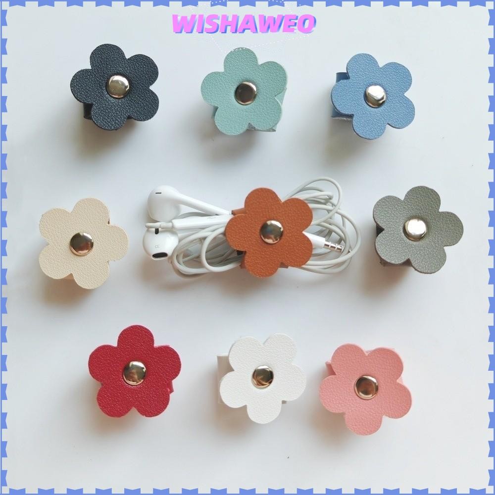 WISHAWEO Flower Cable Winder, คลิปจัดระเบียบสายหนังแบบใช้ซ้ําได้, อุปกรณ์เสริมแบบพกพาการจัดการสายเคเบิลข้อมูลสายหูฟัง