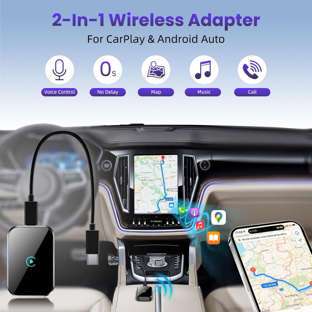 2-in-1 Wireless CarPlay & Android Auto Adapter แปลงระบบสายเป็น Car Play Wireless, Plug & Play, 5GHz 