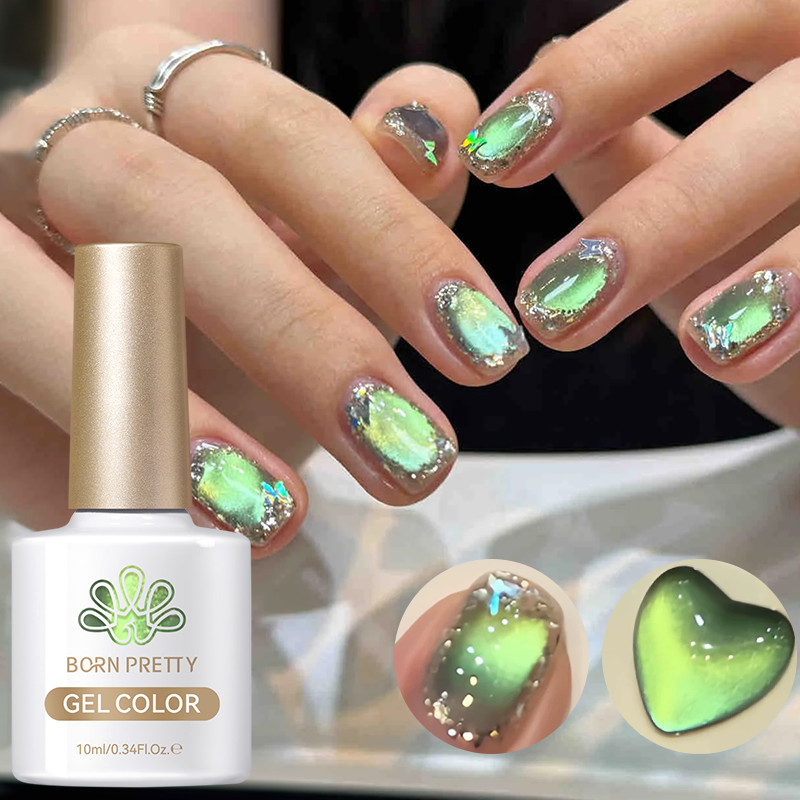 BORN PRETTY 10ml ไม้ไผ่สีเขียวแมวแม่เหล็กเจล Polish Shining Glitter Soak Off UV เจลเล็บเคลือบเงา
