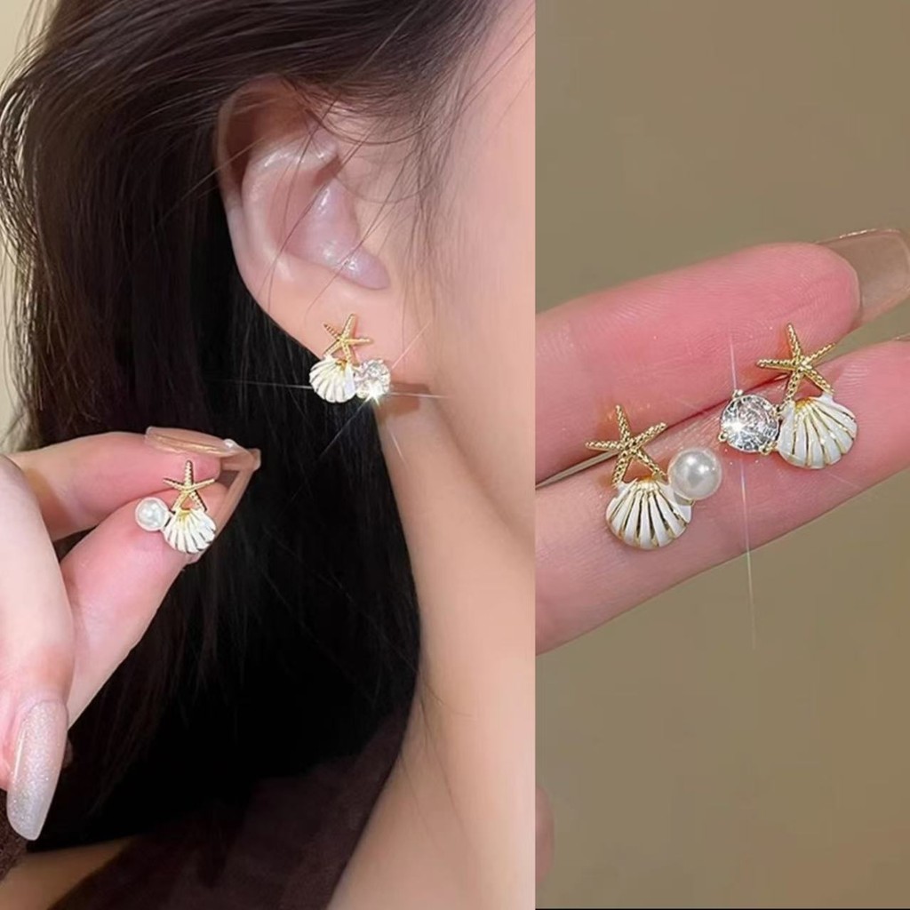 ต่างหูมุกเปลือกหอยสไตล์ปลาดาว สไตล์เรียบง่ายสำหรับผู้หญิง คุณภาพระดับไฮเอนด์