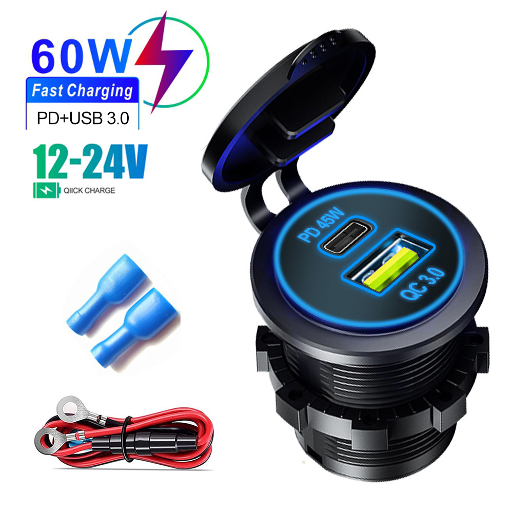 60W Car Charger Socket, Dual USB-C PD3.0 & QC3.0 Fast Charging,กันน้ํา 12V/24Vสําหรับรถยนต์/รถบรรทุก/เรือ/Moto