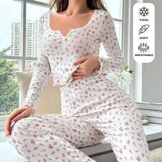 Long Sleeve Cotton Pajamas Set Baju Tidur Perempuan Corak Bunga Soft Breathable Comfy Sleepwear Homewear MPJ047