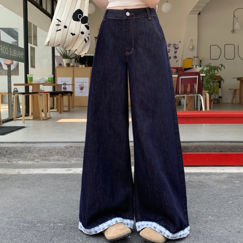 Bived S-6XL กางเกงยีนส์ผู้หญิง กางเกงยีนส์ขายาว เอวสูง กางเกงขายาวสีน้ำเงินเข้ม ทรงตรง ลายปักโบว์