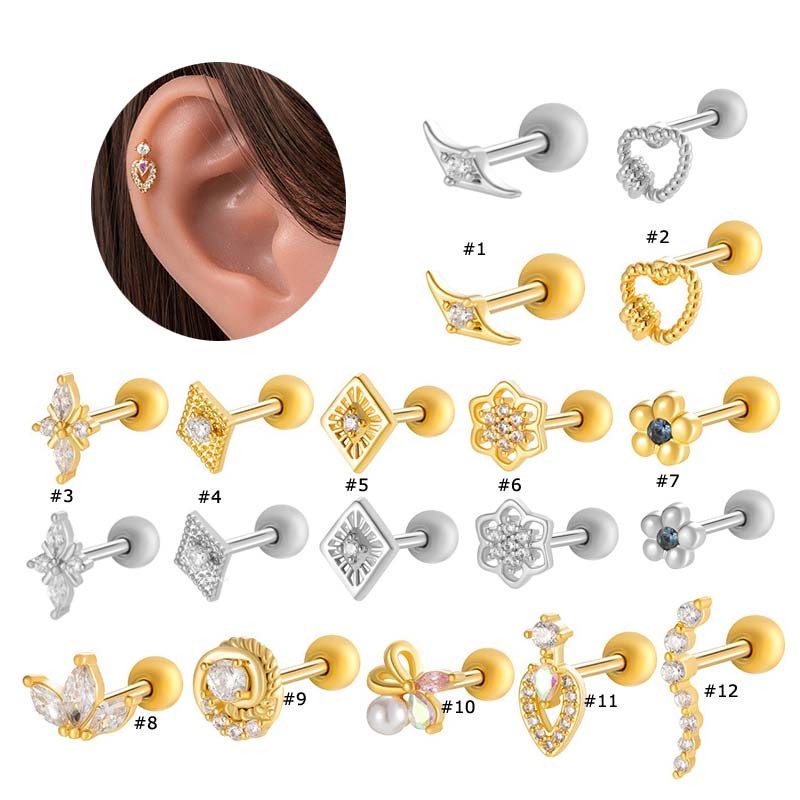 ต่างหูรูปหัวใจและดอกไม้ สแตนเลส Zirconia สำหรับ Helix Pinna Lobe