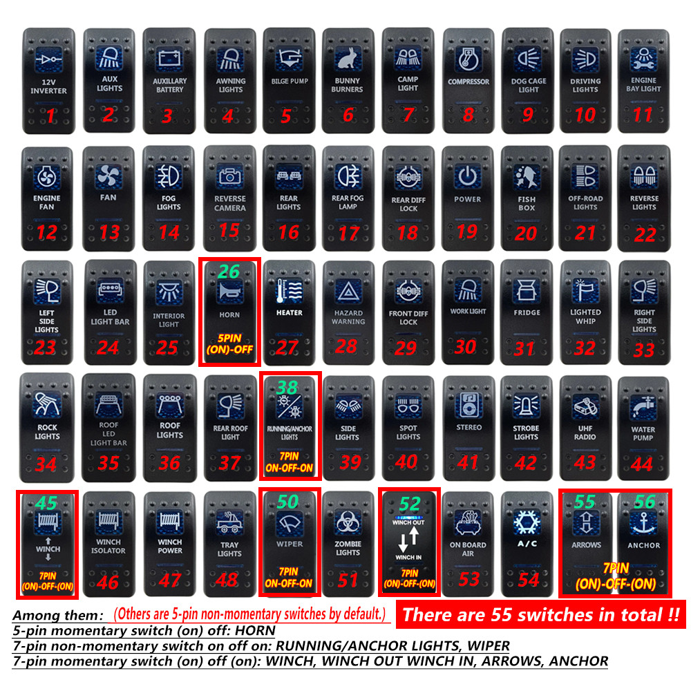 12V 24V สวิตช์โยกเกรดมารีน SPST/ON OFF, DPDT/(ON) OFF (ON) แถบไฟ LED สีน้ำเงิน สำหรับ Carling ARB NARVA