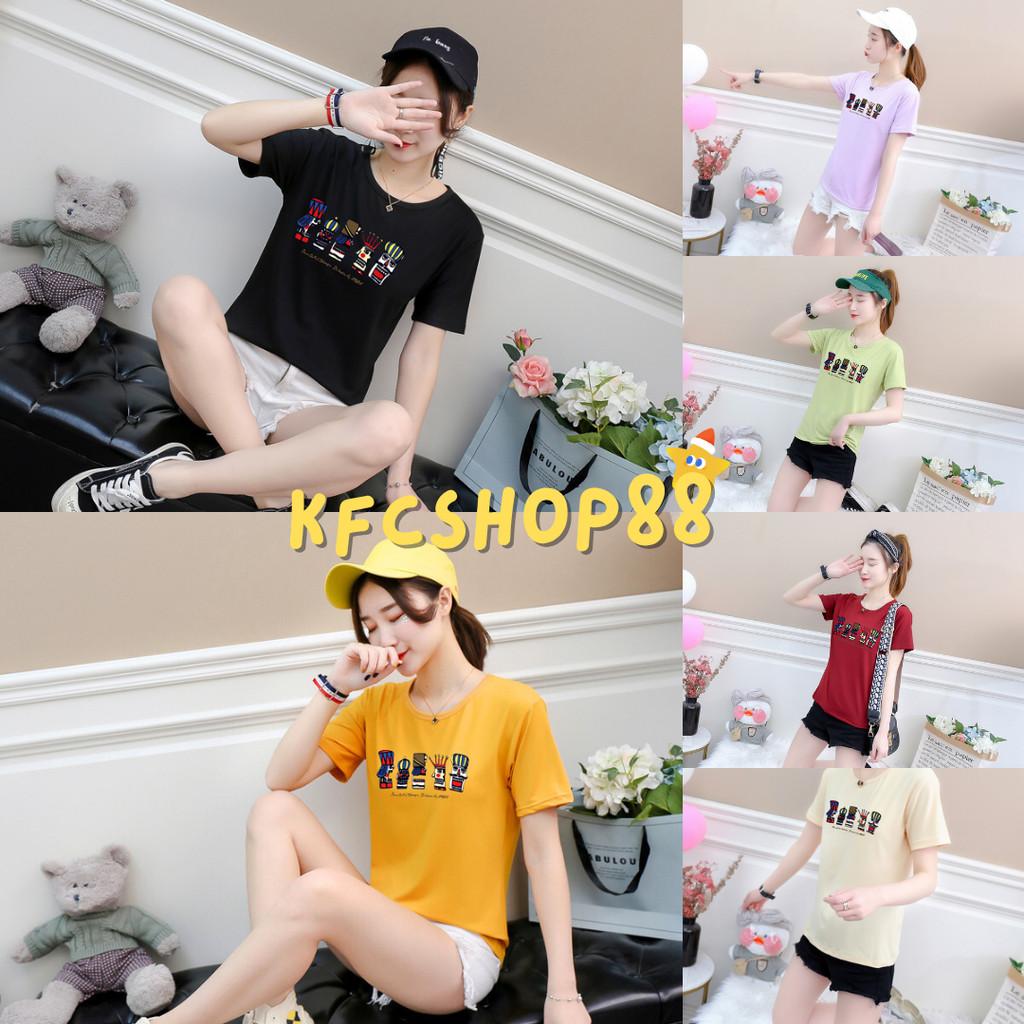 🔹พร้อมส่ง🔹(โล๊ะเสื้อ) เสื้อยืดคอกลมแขนสั้น ทรงเข้ารูป Freesize สกรีนลาย #E02