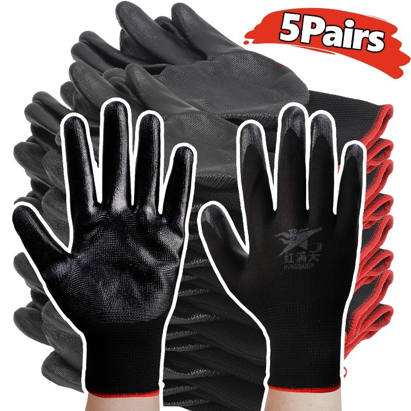 ถุงมือนิรภัยที่ทนทานสีดํา-ถุงมือทํางานกันลื่นทนต่อการสึกหรอ-สําหรับทําสวนและงานไม้ (1/3/5 คู่)