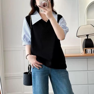 [พลัสไซส์] (40-150kg) ผู้หญิง ฤดูร้อน สองชิ้น ลายทาง คอปกโปโล เสื้อเบลาส์โอเวอร์ไซส์ เสื้อเชิ้ต แขนสั้น ทรงหลวม ชุดทำงาน