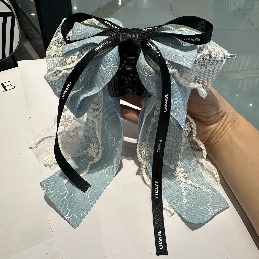 คลิปผมหางม้าลายโบว์สีฟ้า แบบเกาหลี สไตล์หวานสำหรับหญิง - รูปที่ 2