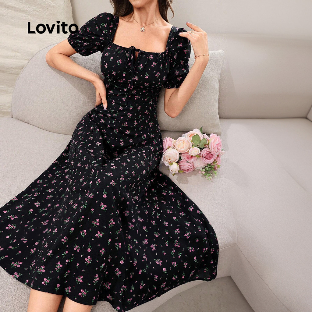 Lovito ชุดเดรสลูกไม้หรูหราแบบลิ้นชัก สไตล์รีสอร์ท เสื้อผ้าฤดูใบไม้ผลิ/ฤดูร้อน สีดำ สำหรับผู้หญิง LBL27022 - รูปที่ 2