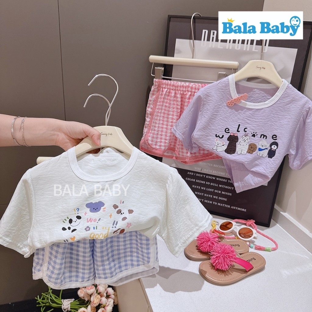 เสื้อผ้าเด็ก ชุดเซ็ตเด็กผู้หญิง เสื้อยืด+กางเกงขาสั้นลายสก๊อต Size80-120cm DXT91