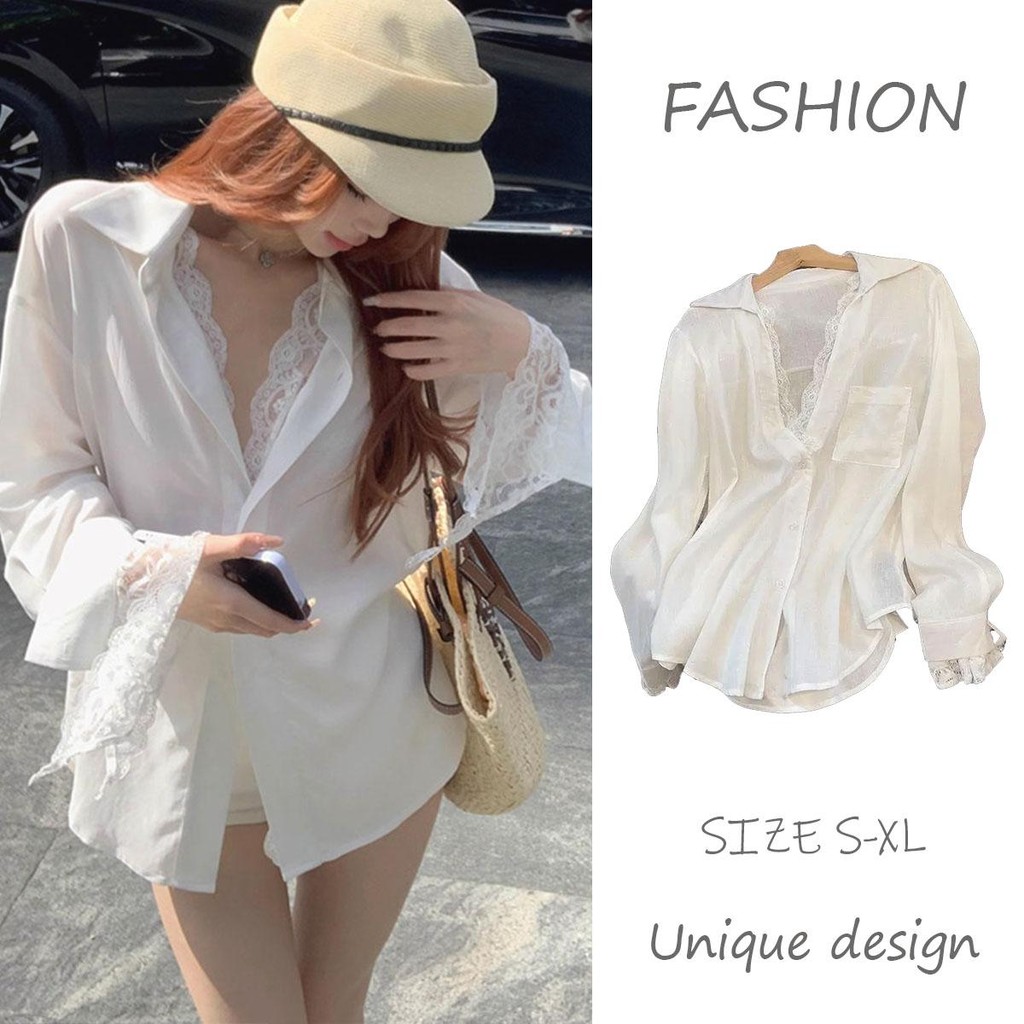 CHILI# เสื้อเชิ้ตลูกไม้ฝรั่งเศสคอวีแขนยาวฤดูใบไม้ร่วงใหม่ทรงหลวมดีไซน์เสื้อด้านหลังสวยงาม #W509