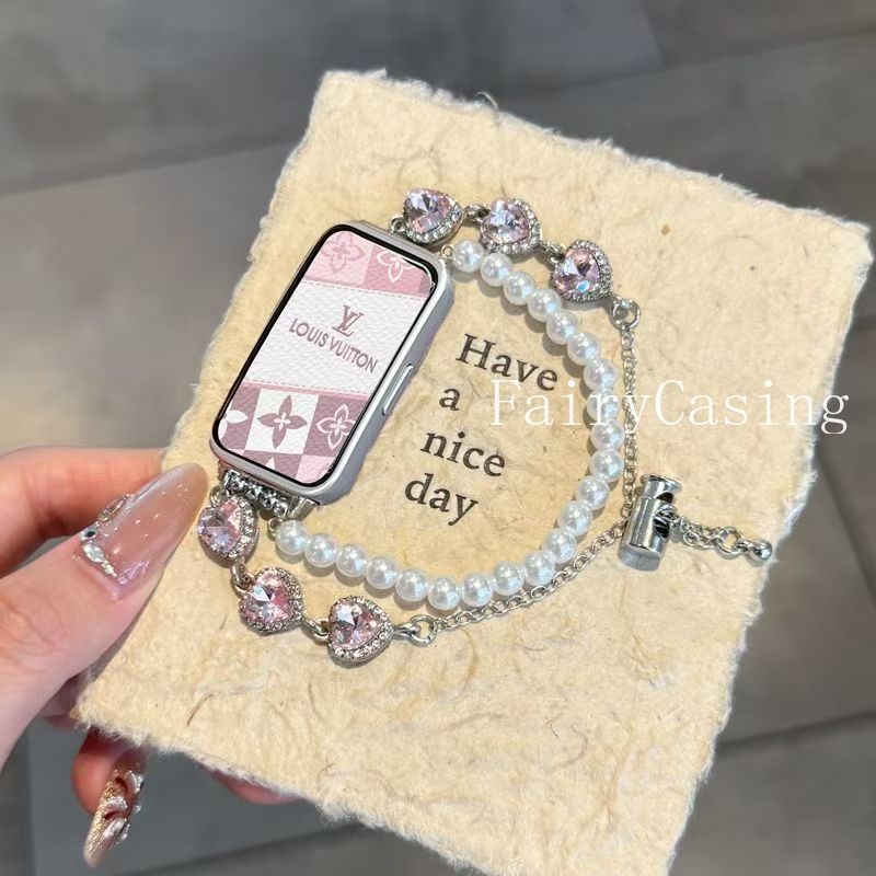เพชร Studded สร้อยข้อมือมุก Besd รูปหัวใจสําหรับ Huawei Band 11 pro 10 9 8 สายสําหรับ Huawei Band Fit3 4 2 เปลี่ยนอุปกรณ์เสริม