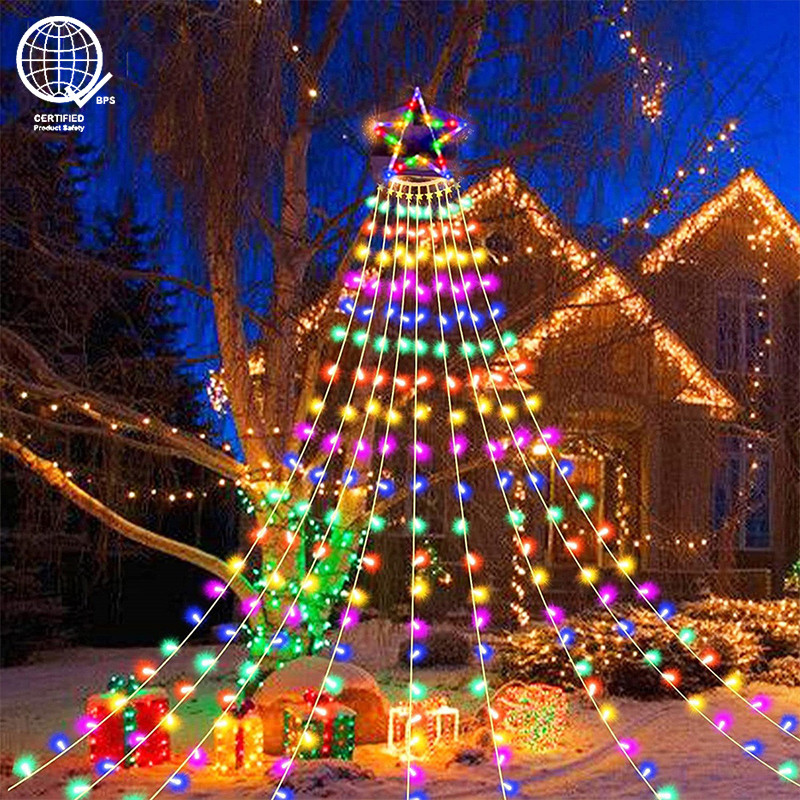 พร้อมสต็อกใหม่ต้นคริสต์มาส Garland น้ําตกไฟ Led String พร้อม Star Topper 8 โหมด Icicle Fairy Light สําหรับ Xmas Party ตกแต่งบ้าน Lampu พลังงานแสงอาทิตย์/ปลั๊กกลางแจ้ง