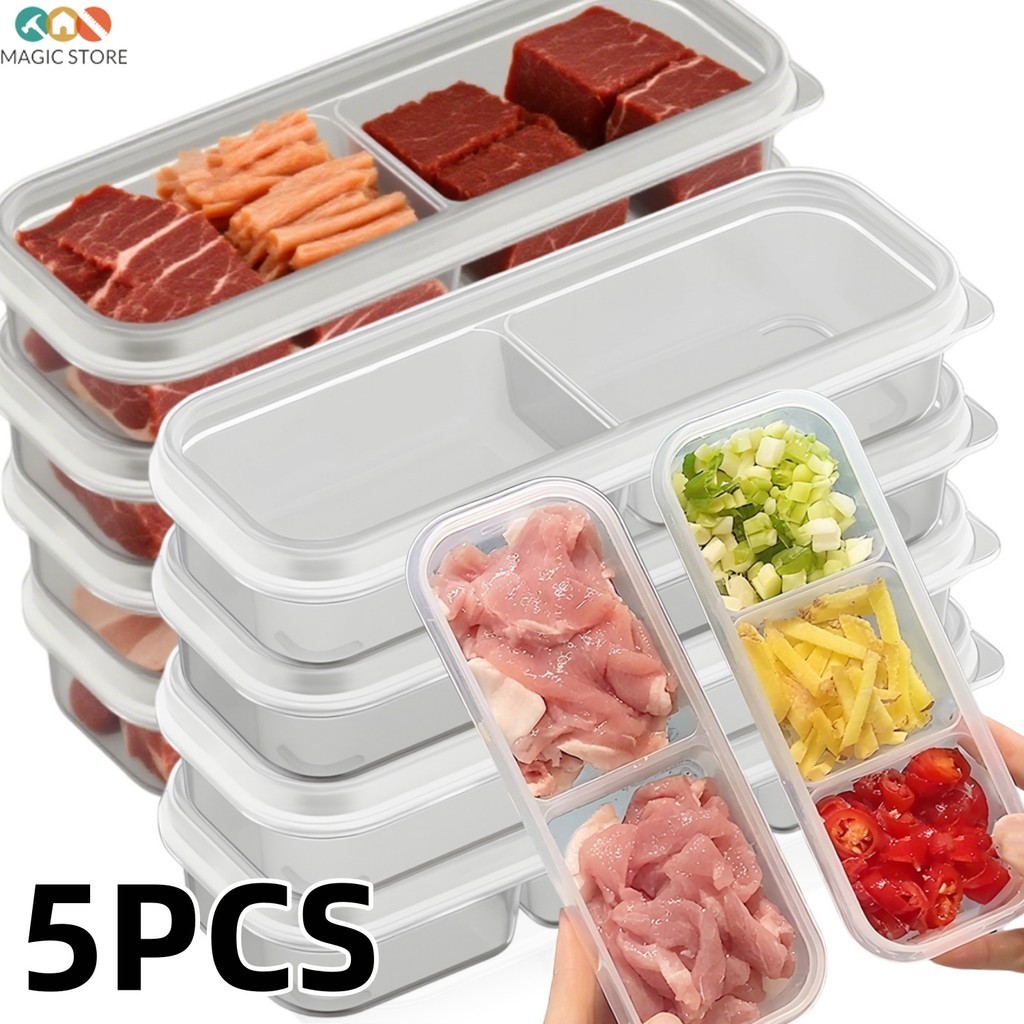 [บ้าน]1-5ชิ้นภาชนะบรรจุอาหารสดหลายช่อง2/3กล่องตู้เย็นโปร่งใสที่มีการออกแบบระบายอากาศการจัดเก็บทําความสะอาดง่ายสําหรับองค์กรครัว