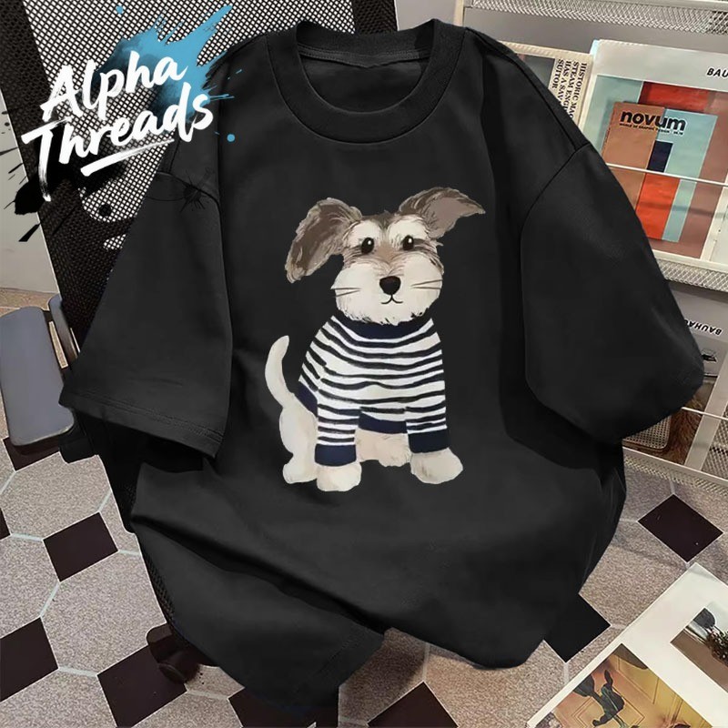 (จัดส่งตลอด 24 ชั่วโมง)Alpha Threads เสื้อยืด oversize เสื้อคอตตอน ไม่หดตัว ใส่สบาย ลาย "DOG Striped