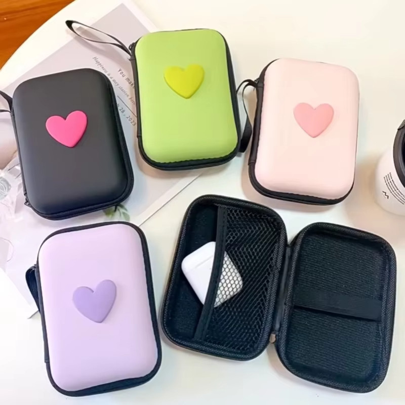 กระเป๋ามินิแบบพกพา เหรียญ สายUSB อุปกรณ์เสริม กระเป๋าใส่หูฟัง กระเป๋าสายชาร์จ พร้อมอุปกรณ์รูปหัวใจและโบว์