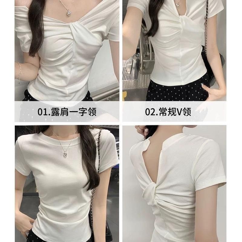 เสื้อยืดแขนสั้นปาดไหล่ ชุดสองทาง น่ารักและเซ็กซี่ สำหรับผู้หญิง ใส่หน้าร้อน สไตล์ใหม่ ทรงสลิมฟิต กระชับสัดส่วน คอปก ปาด ราคา ถูกที่สุด ดีลบีเคเค แกลเลอรีภาพที่ 8