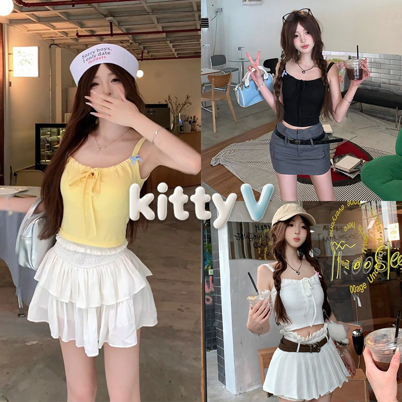 kitty.vogue พร้อมส่ง เสื้อสายเดี่ยวสองเส้น มีฟองน้ำ ดีเทลผูกหน้าอก สีพาสเทล- FY6809-J