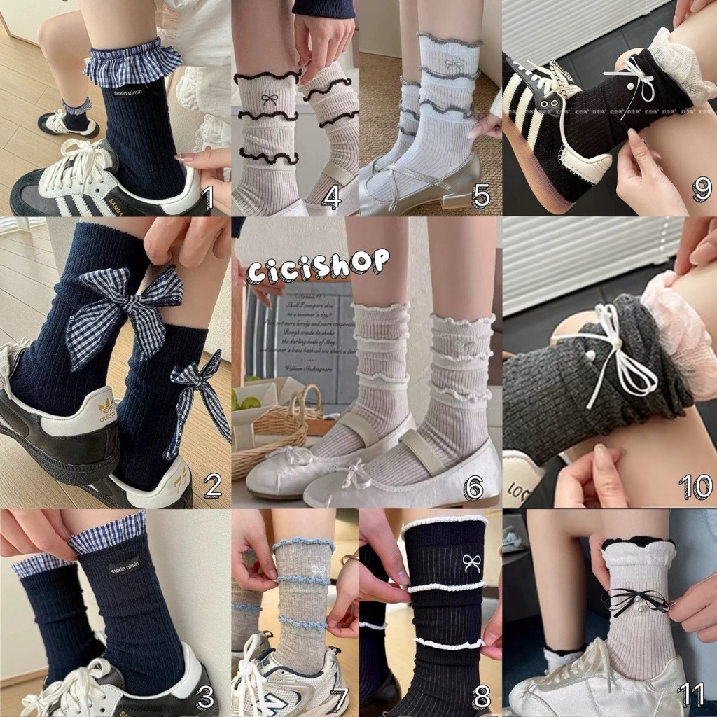Cicishop(WT95) ถุงเท้าประดับโบว์มีหลากหลายรูปแบบ นุ่มใส่สบายระบายอากาศได้ดี สไตล์สาวเกาหลี
