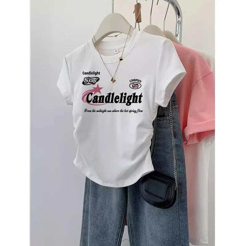 สือยืดแฟชั่นเกาหลีแขนสั้น เสือรัดรูปสีขาว เสือยิดผู้หญิงน่ารักๆ คอกลมู เสือยืดผู้หญิง พิมพ์ลาย สไตล์ลำลอง คุณผู้หญิง