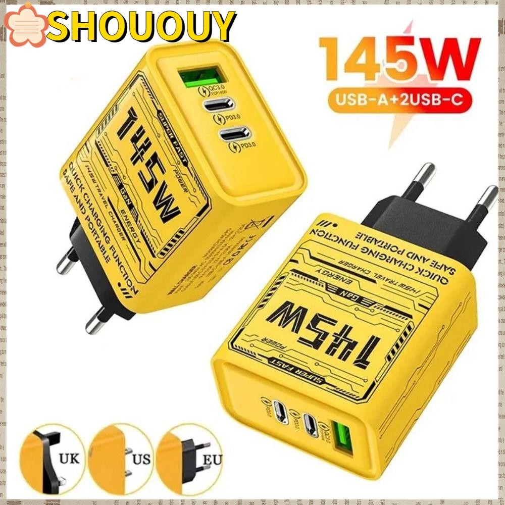 SHOUUY อะแดปเตอร์ชาร์จโทรศัพท์, PD QC3.0 EU/US/UK 145W GaN ปลั๊กชาร์จ, USB A + C 3 พอร์ต Fast Chargi