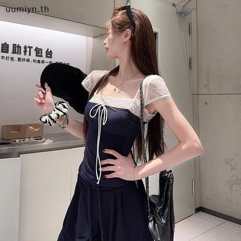 Umiyn French Square Collar Lace Panel Short Sleeve Slim เสื้อยืดผู้หญิง Pure Desire Crop Top
