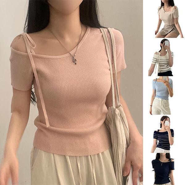 Red Berryเสื้อสเวตเตอร์คอยูแขนสั้น ดีไซน์หน้าร้อนสไตล์เกาหลีD404