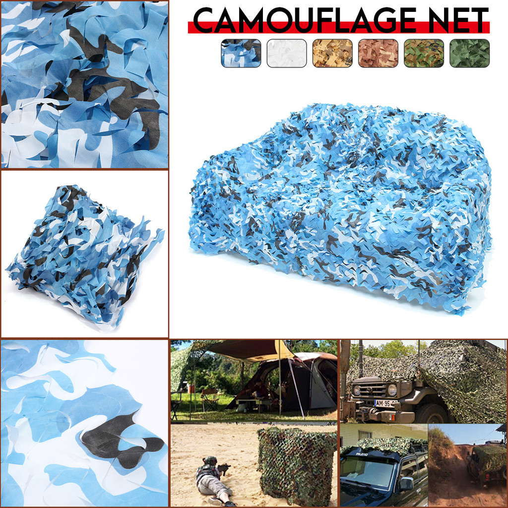 Outdoor Camping Sunshade Net Camo Mesh Camouflage Net Shade Sail ผ้าโพลีเอสเตอร์ Oxford - สีฟ้า