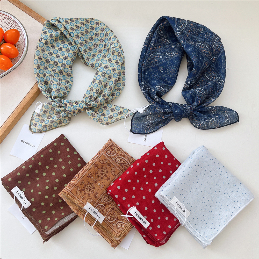 55 ซม.Pka Dot ผ้าฝ้ายผ้าลินินรู้สึกผ้าพันคอผ้าไหมผู้หญิงฤดูร้อนสวมใส่ Headscarf ผม Tie ผ้าพันคอ All-Match ขนาดเล็กผ้าพันคอผ้าพันคอ
