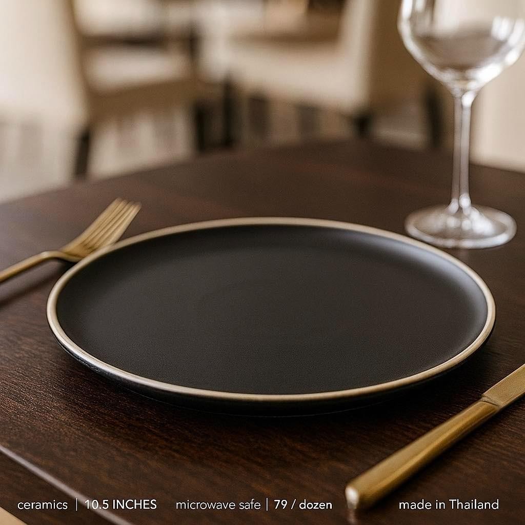 Thai Ceramic จาน 10.5 นิ้ว ดำขอบขาว เนื้อแมท - เข้าเครื่องล้างจาน และรับประกันความปลอดภัยในการใช้งานกับไมโครเวฟ