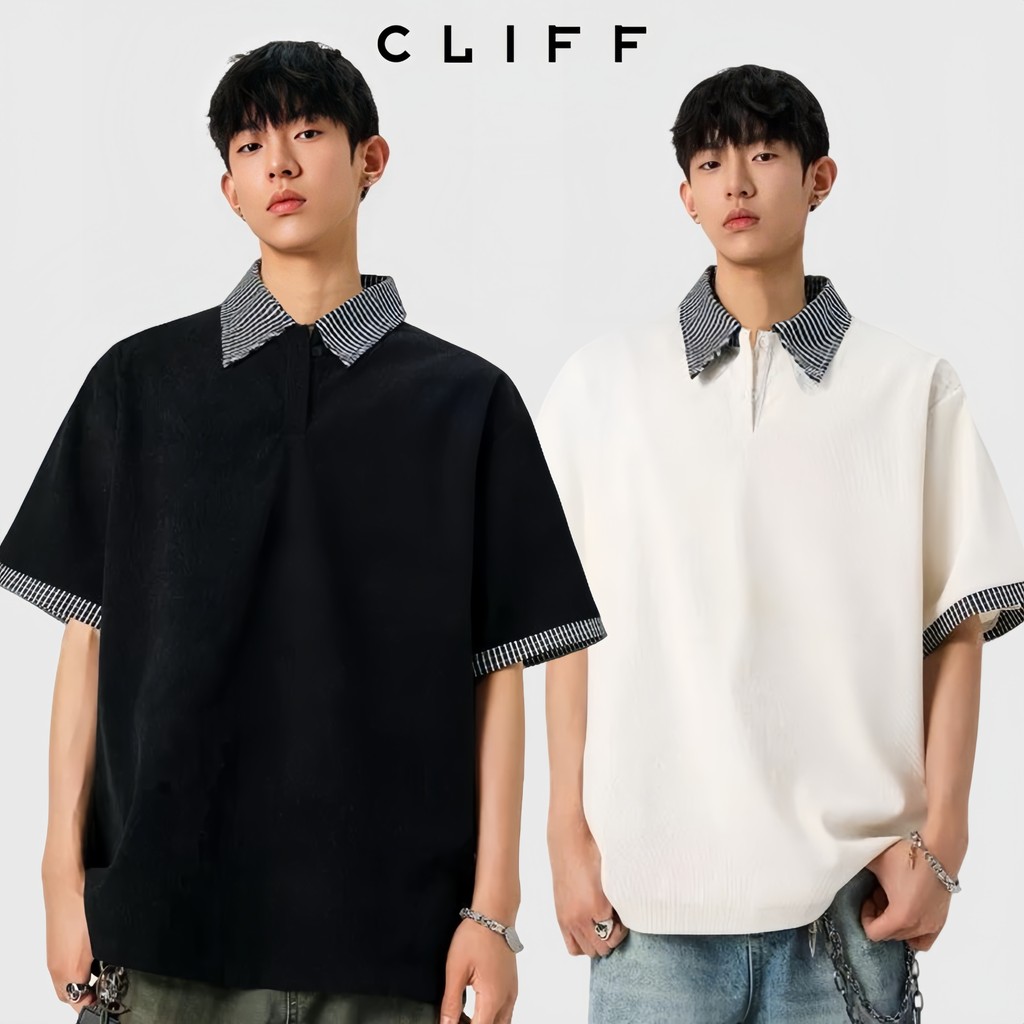 CLIff แขนสั้นเย็บลายสก๊อตสำหรับผู้ชาย  เสื้อวินเทจสไตล์อเมริกัน  การออกแบบสองชิ้นปลอม  คลาสสิก  แฟชั่น