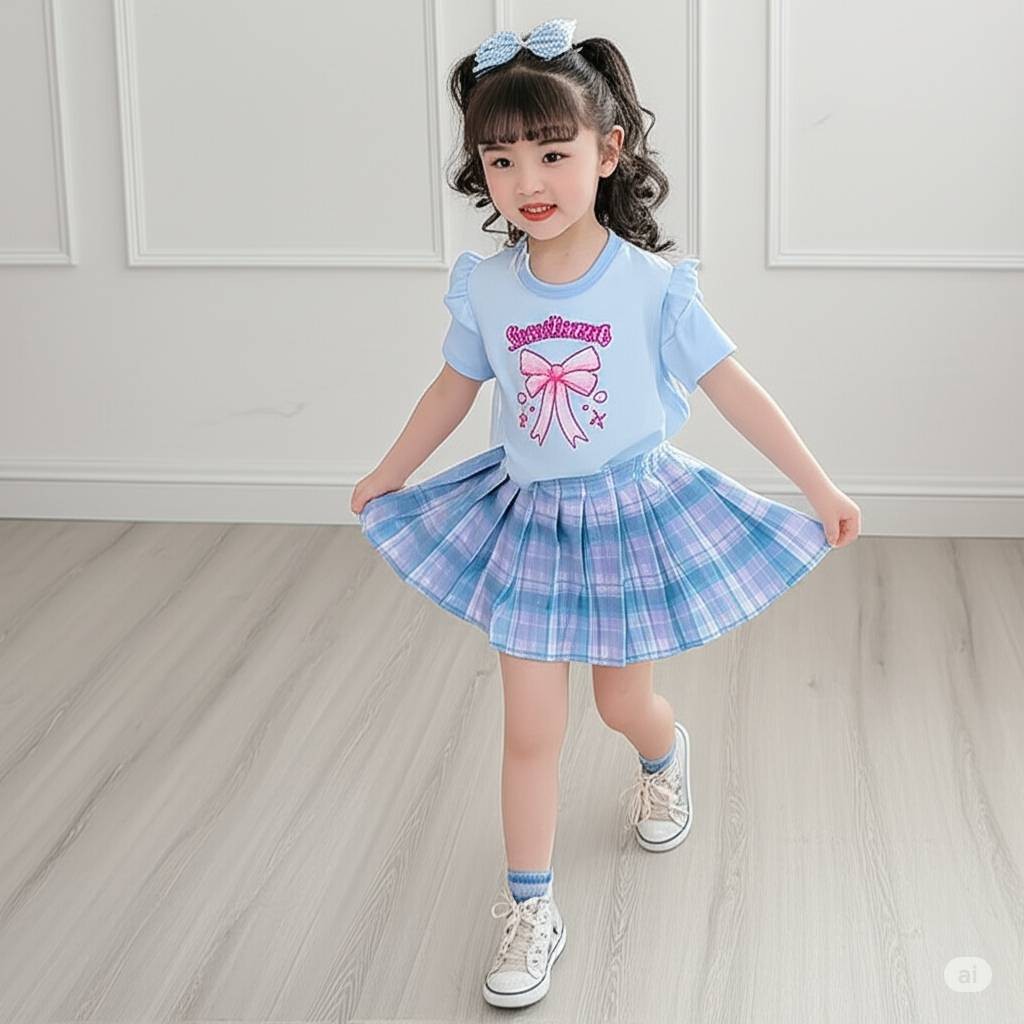 PINKชุดเซ็ทเด็ก2ชิ้นลายโบว์ชมพู เสื้อแขนปีกนก+กระโปรงอัดพลีท