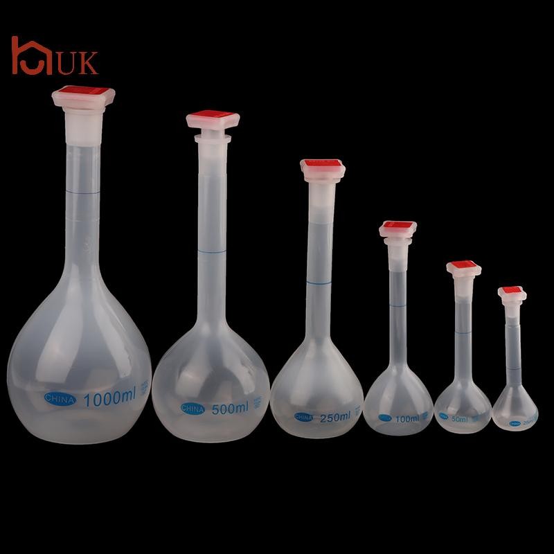 UK 25/50/100/250/500/1000ml ขวดปริมาตรพร้อม Stopper คอยาวขวดสําเร็จการศึกษาสําหรับทดสอบห้องปฏิบัติกา
