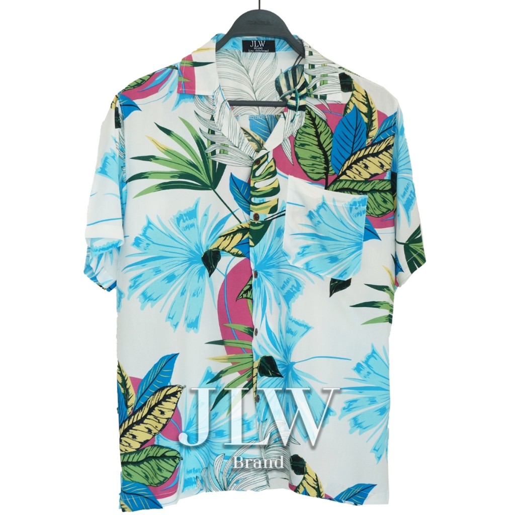 เสื้อลายฮาวายสีขาว ลายใบพัด JLW Brand ไซส์ใหญ่