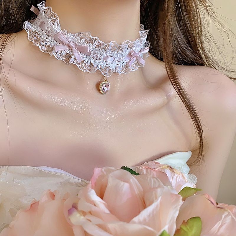 ขายร้อน!F & X lolita สร้อยคอสีชมพูสีดําโบว์ลูกไม้ choker สายคล้องคอสร้อยคอ High-End สร้อยคอคออุปกรณ์เสริมหญิง choker